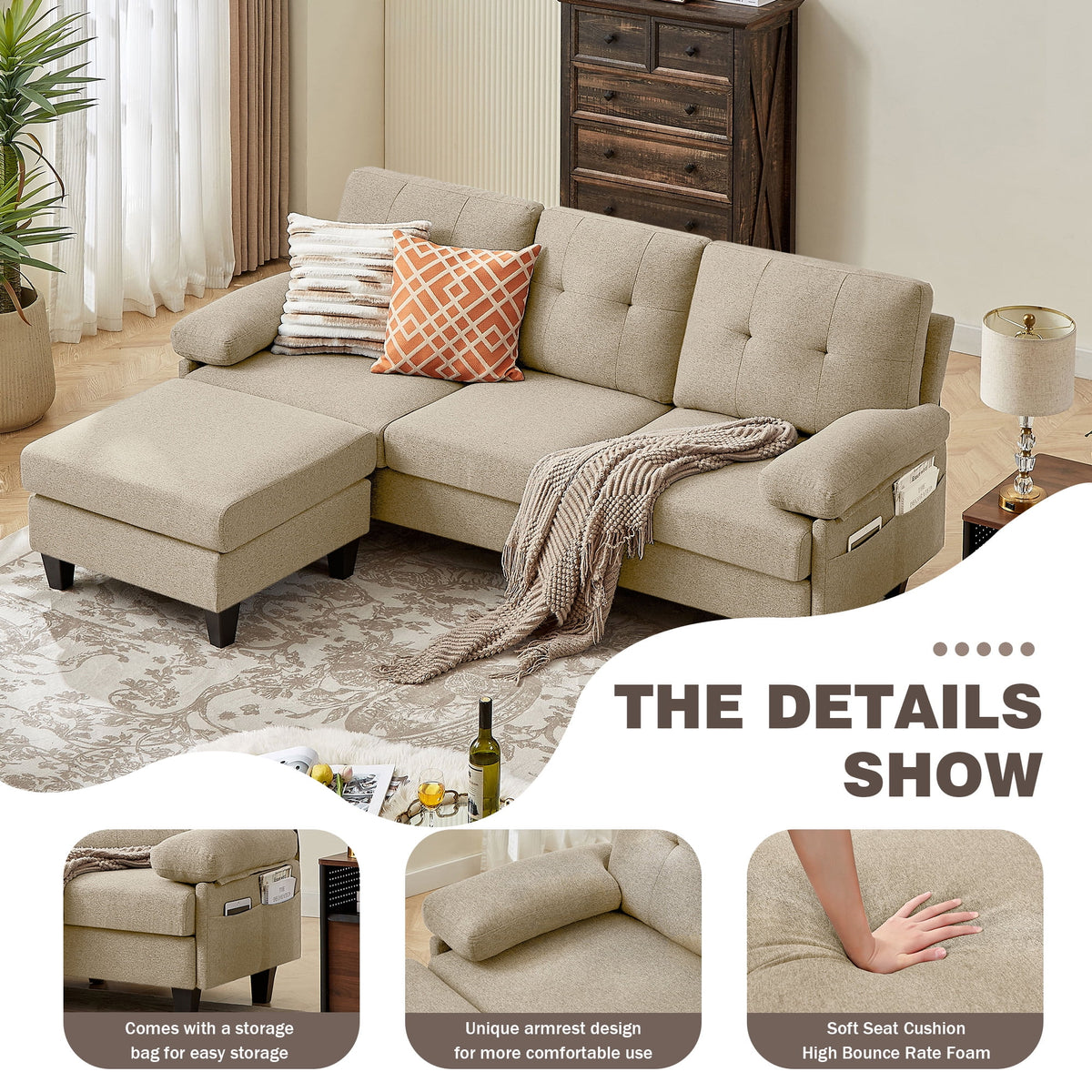 Modern Fabric L-Shaped Sectional Sofa with Chaise M90593