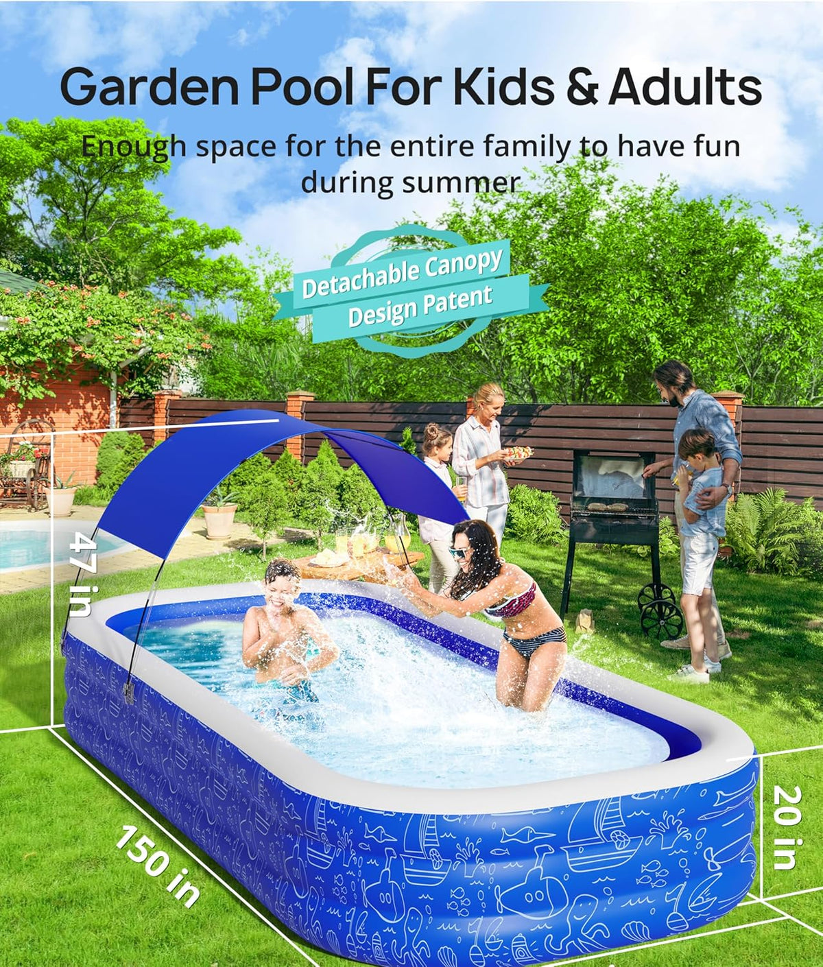 Blue Inflatable Pool with Canopy, 150” x 70” x 20” A71852