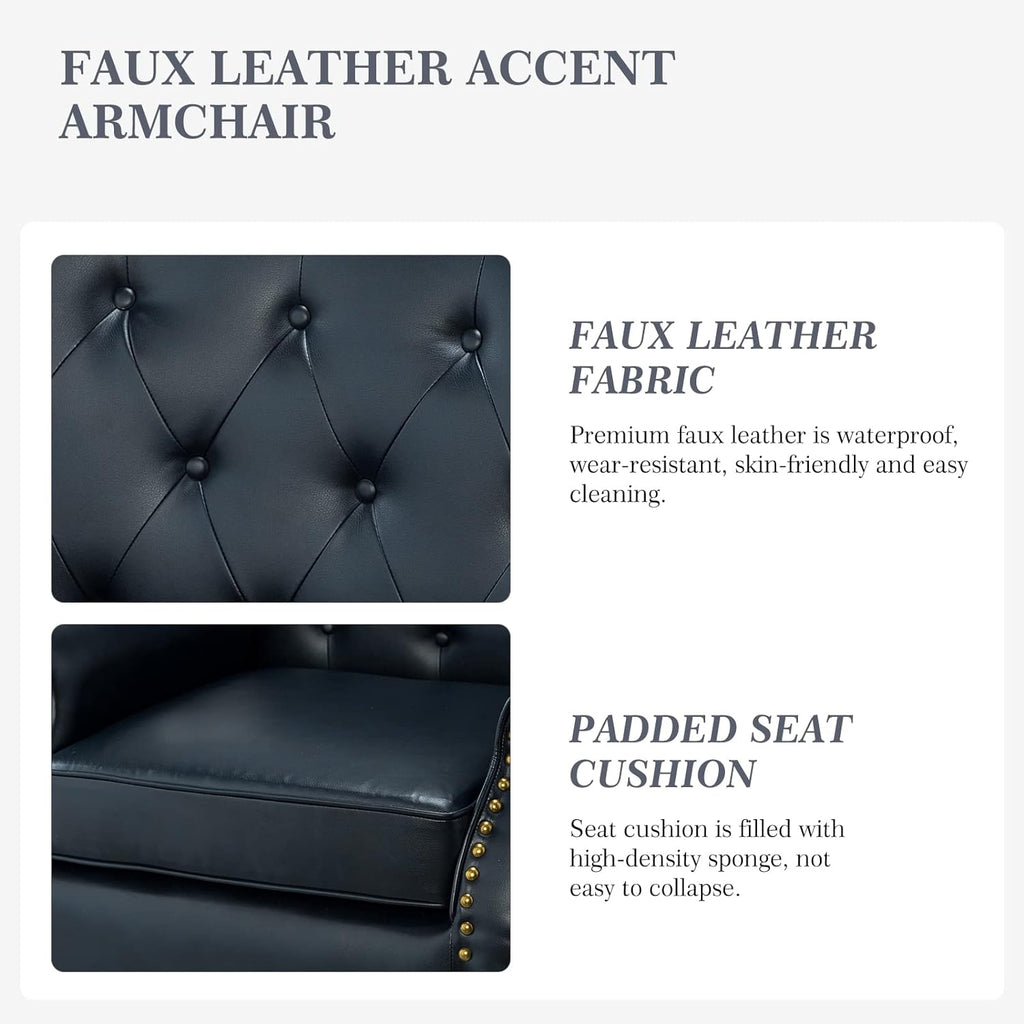 Navy Faux Leather Accent Chair Set Of 2 with Solid Wood Legs M6447