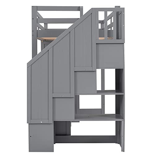 Twin Size Solid Wood Loft Bed with Desk and Stairs J122624