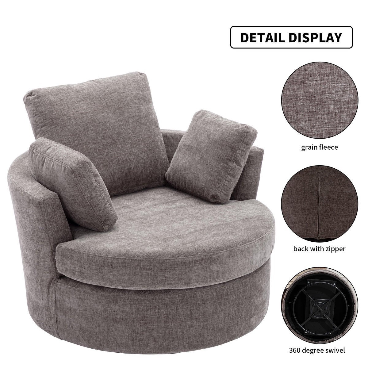 Oversized Round Swivel Accent Chair with 3 Pillows W1639