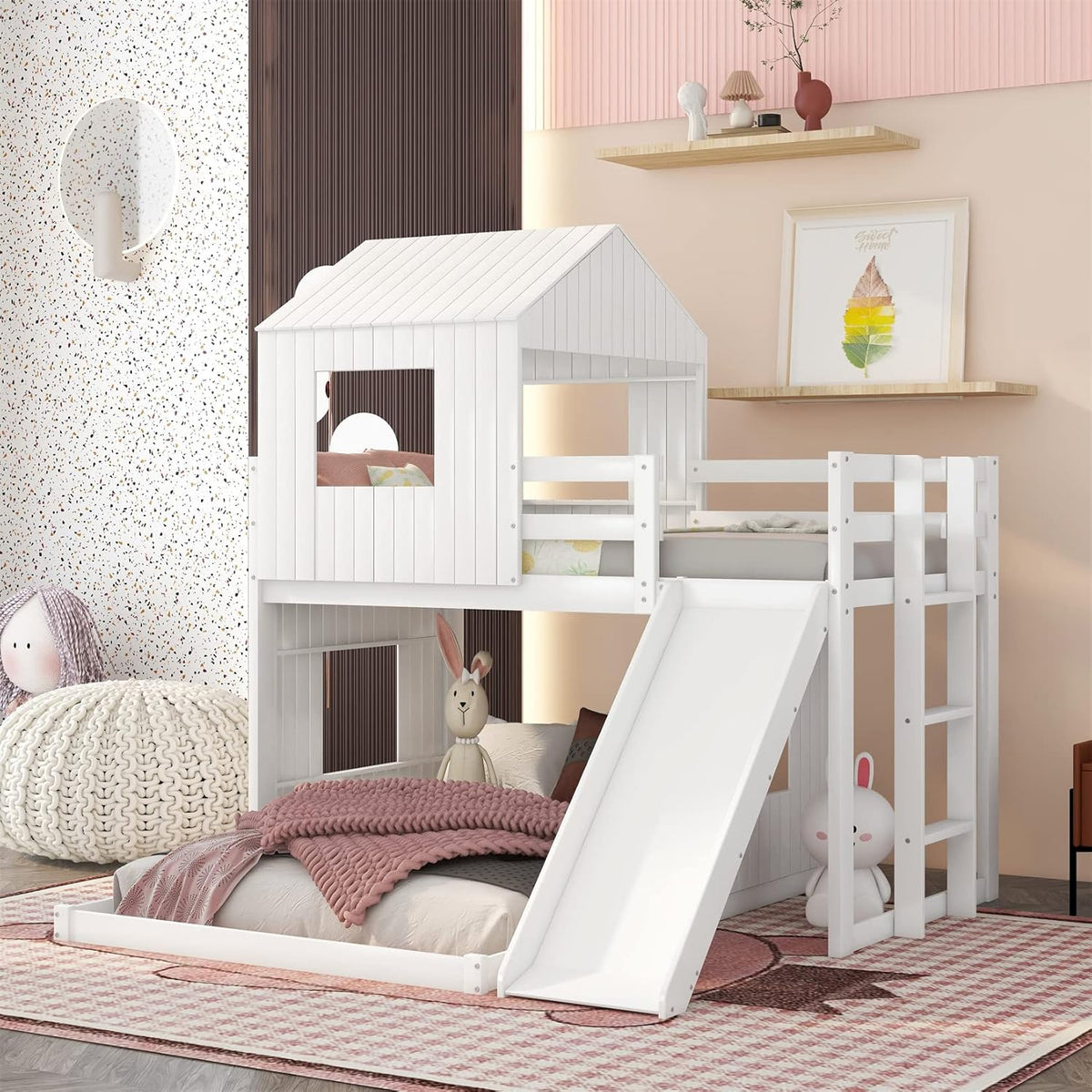 White Twin Over Twin Wood Bunk Bed with Slide and Storage Staircase O739965