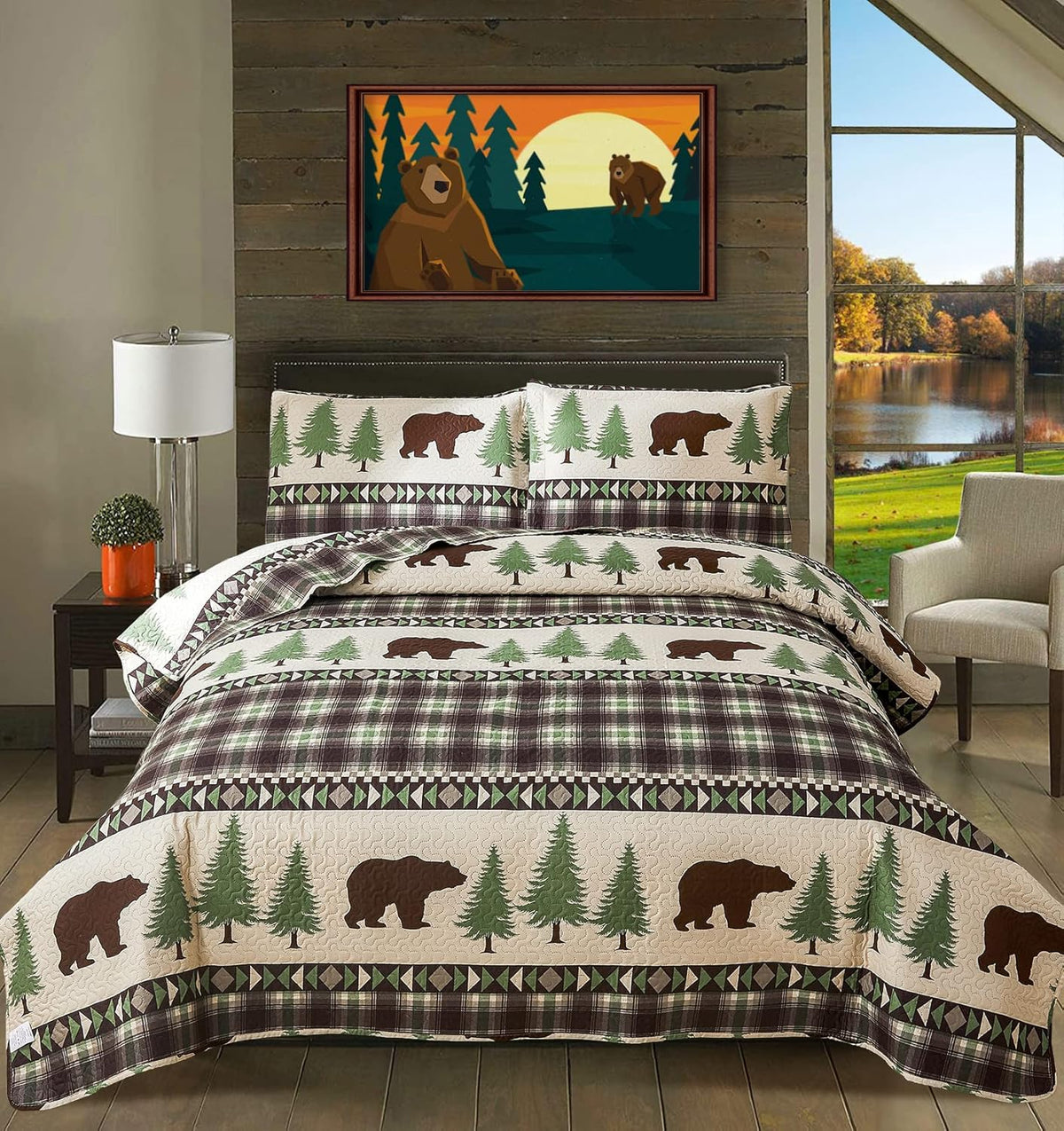 Full/Queen Size Plaid Quilt Set Black White Patchwork Bedspread L61845