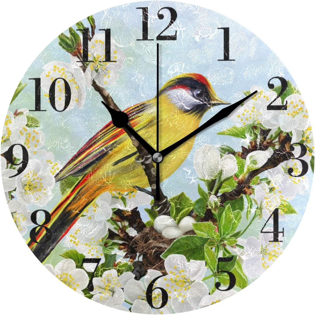 Yellow Bird Cherry Blossoms 9.8 Inch Silent Round Wall Clock U46755