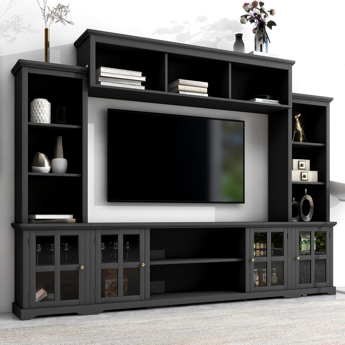Black Entertainment Wall Unit with Glass Doors & Shelves V373317