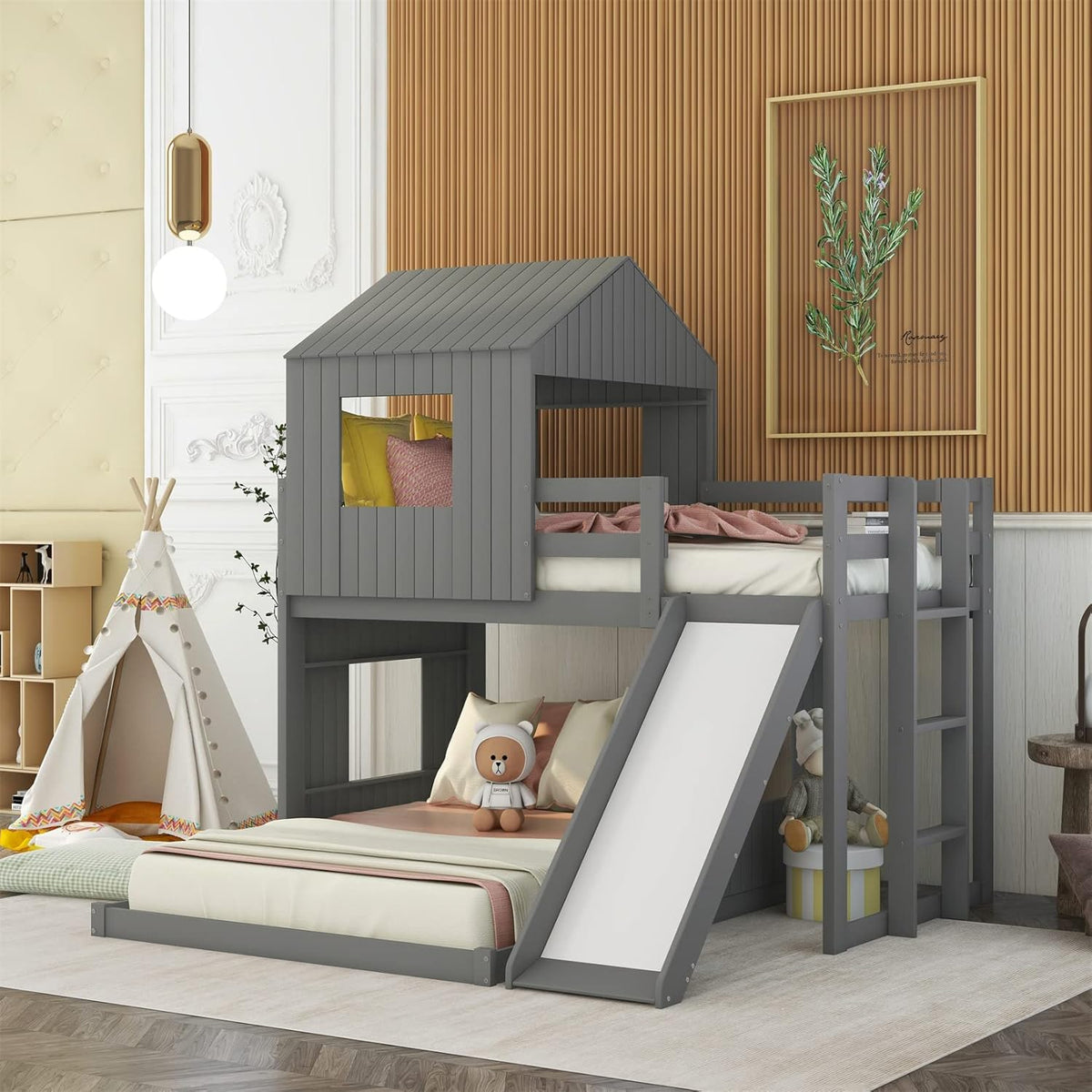 White Twin Over Twin Wood Bunk Bed with Slide and Storage Staircase O739965