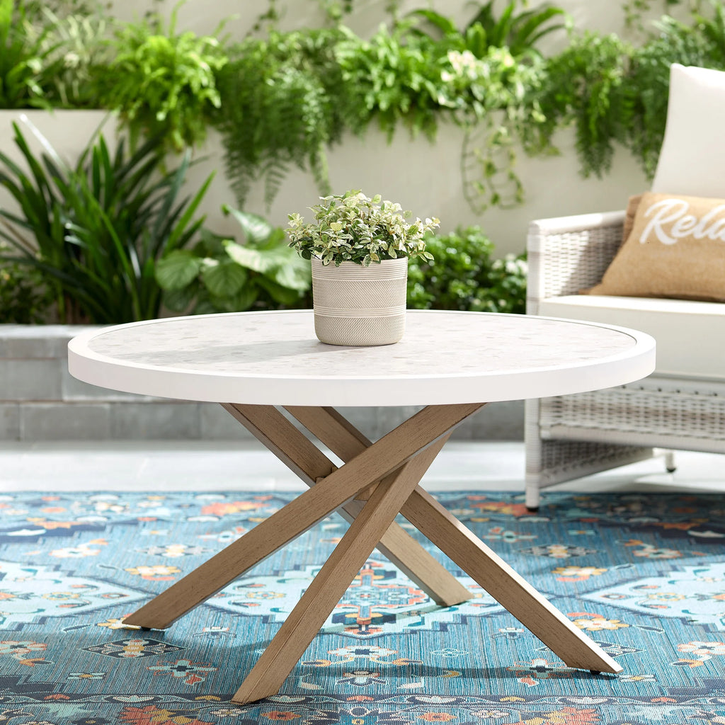 White Round Outdoor Tile-Top Coffee Table O9412