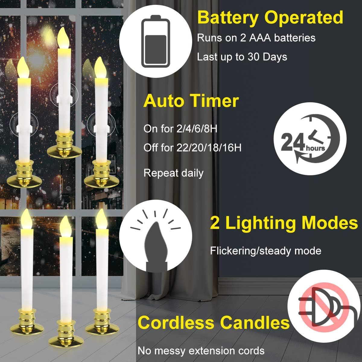 6 Set Gold LED Flameless Taper Candles with Timer F8484