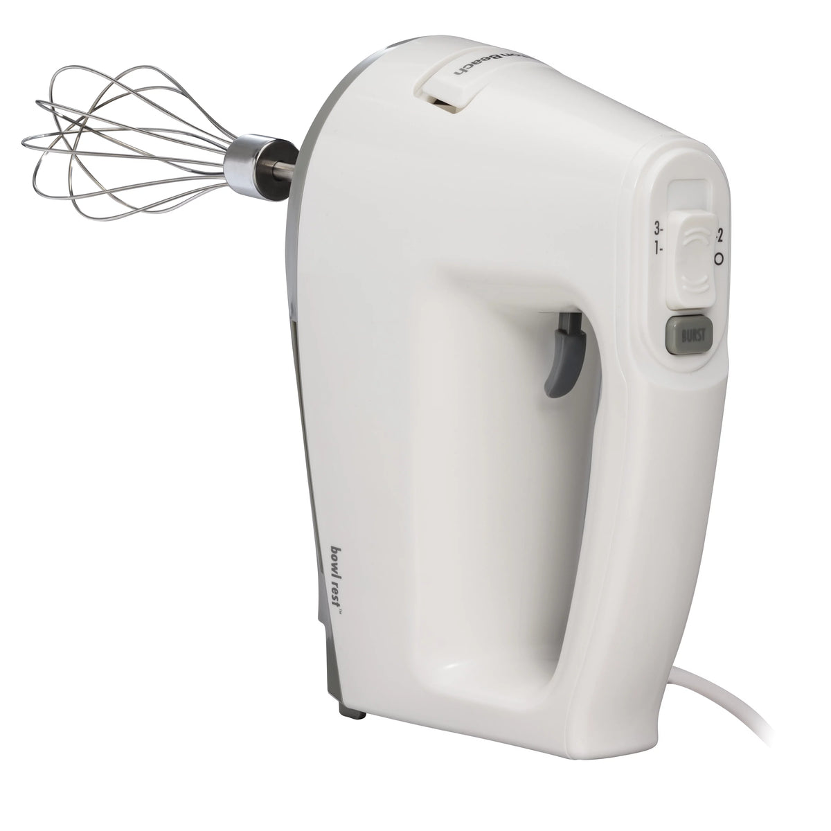White Electric Hand Mixer with Wire Beaters and Whisk E6487