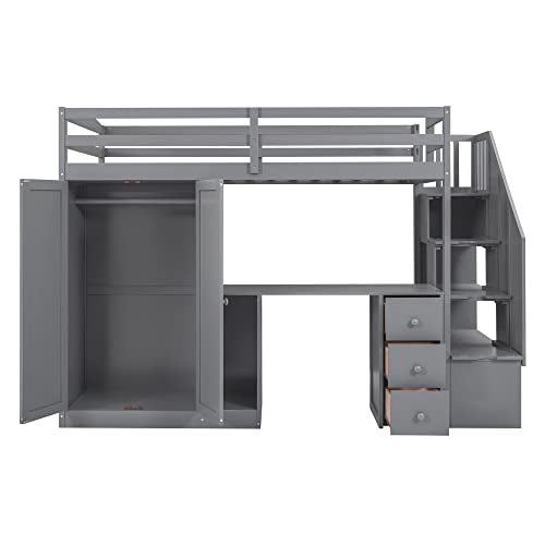 Twin Size Solid Wood Loft Bed with Desk and Stairs J122624