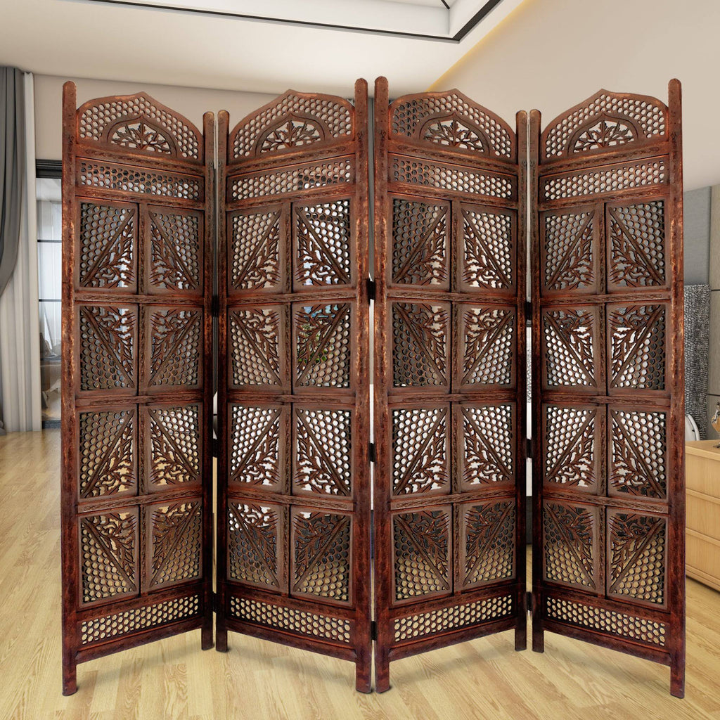 Antique Brown Four Panel Wooden Room Divider X816