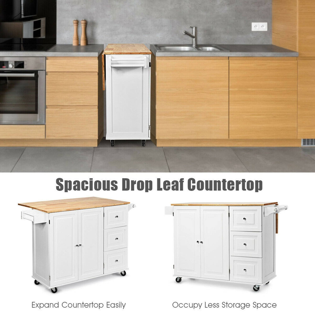 White Drop-Leaf Kitchen Cart S144581