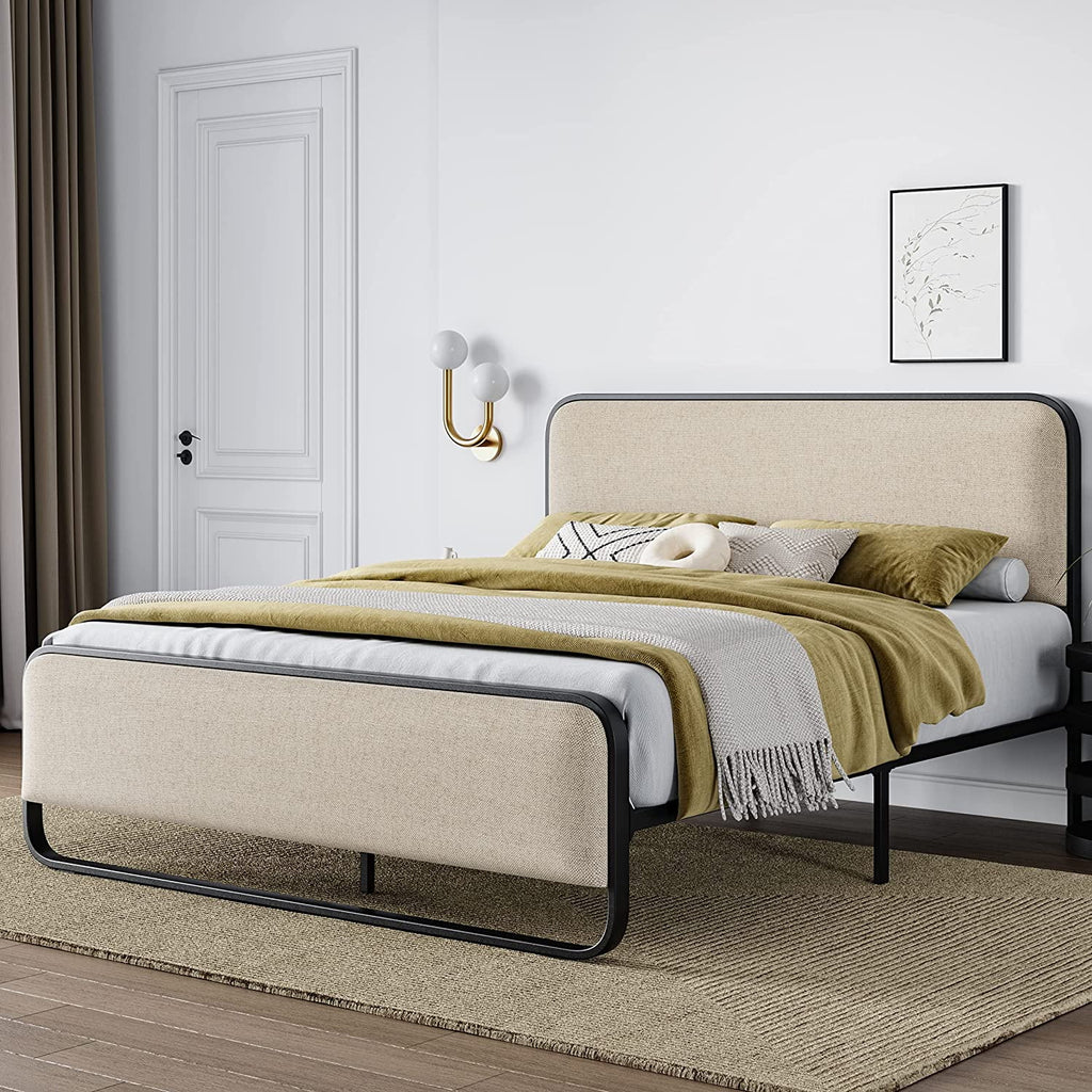 Queen Size Beige Metal Platform Bed Frame with Upholstered Headboard and Footboard L839