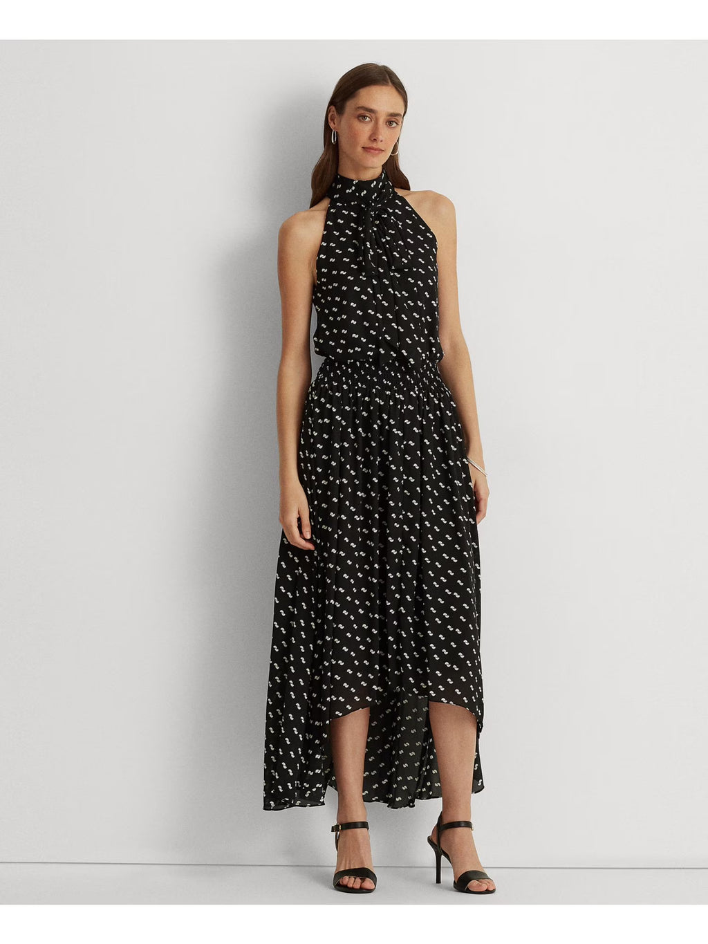 Black Smocked Tie Keyhole Back Lined Printed Sleeveless Halter Maxi Hi-Lo Dress X685161
