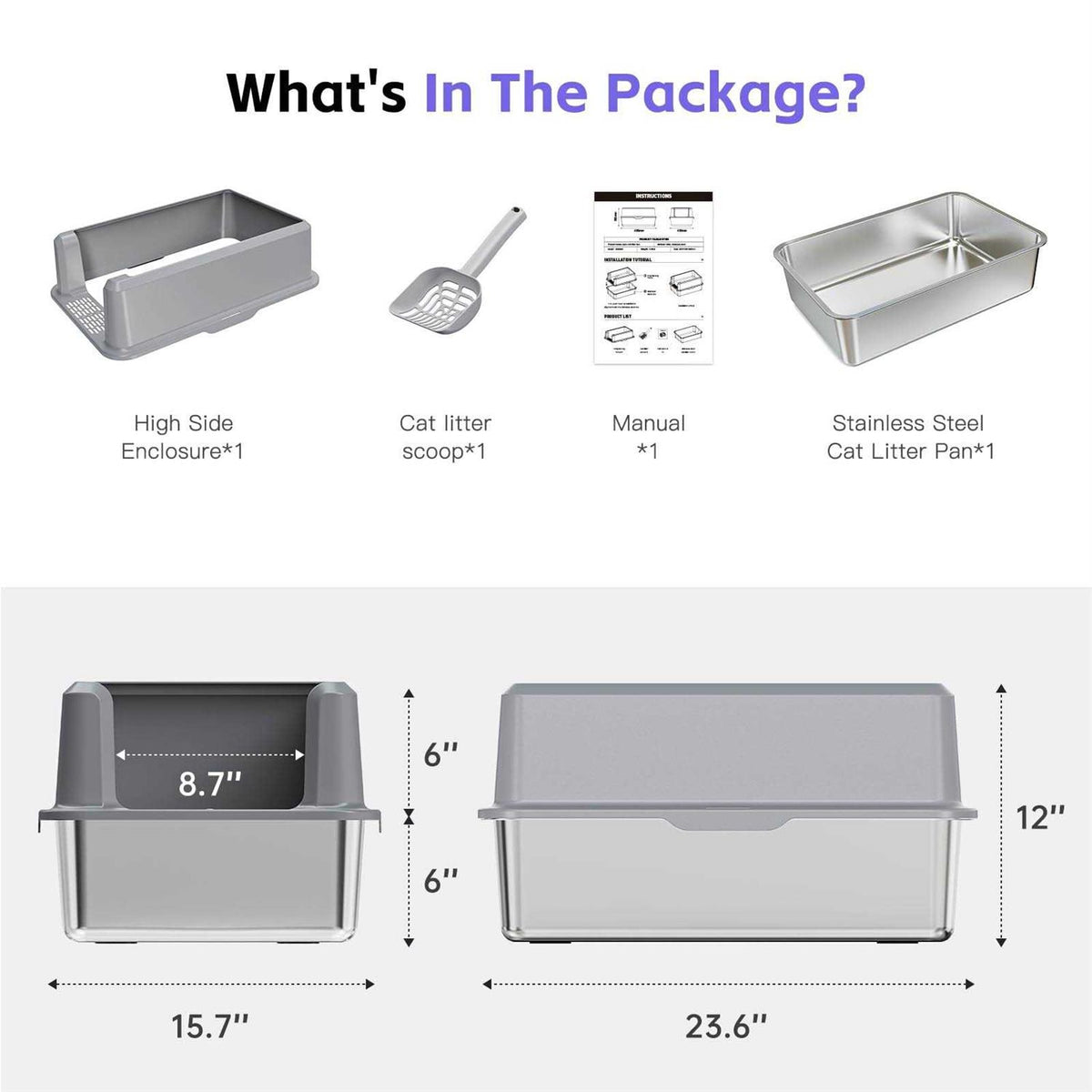 Enclosed Stainless Steel Litter Box XL with High Side D8484