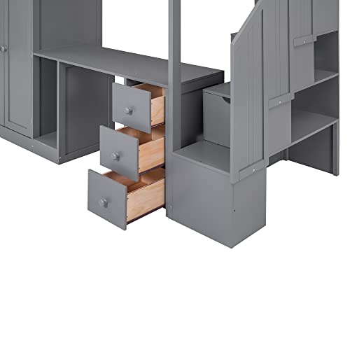 Twin Size Solid Wood Loft Bed with Desk and Stairs J122624