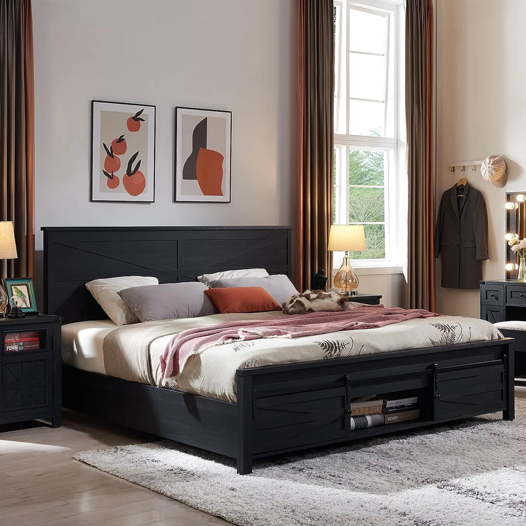 Black Queen Size Platform Bed Frame with Headboard and Storage E548688