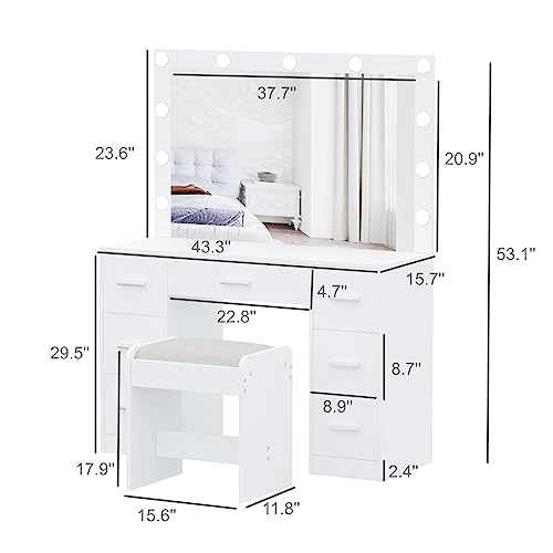 White Vanity Desk with Lighted Mirror and Drawers U287856