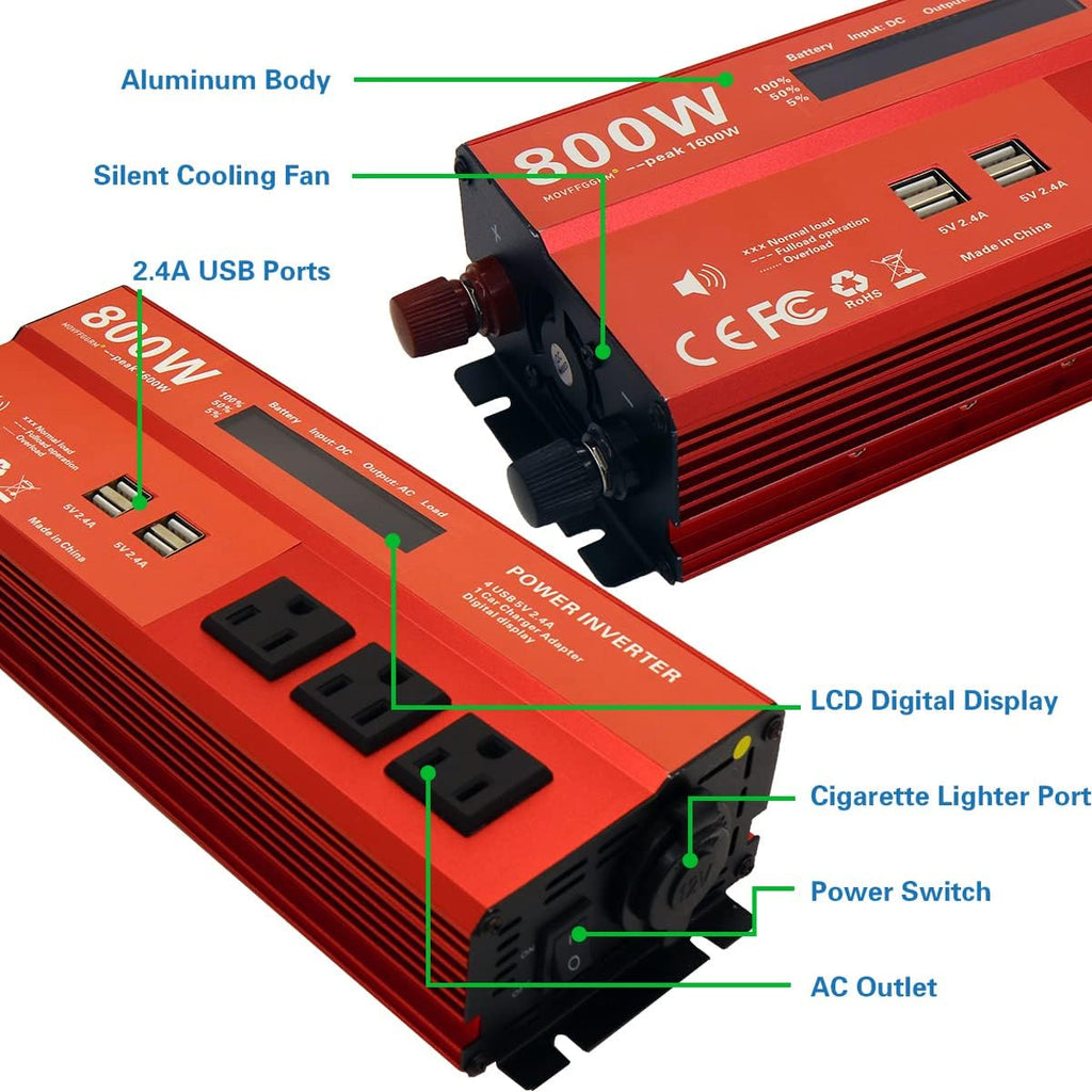 800W Modified Sine Wave Power Inverter, 12V DC to 110V AC, 4 USB Ports C176