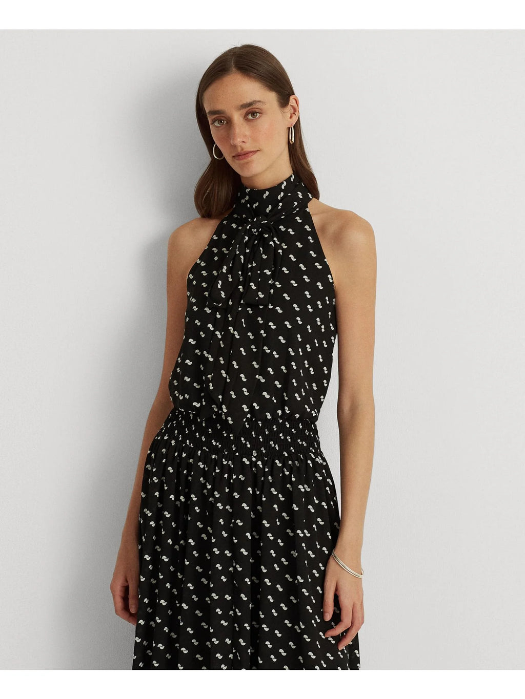Black Smocked Tie Keyhole Back Lined Printed Sleeveless Halter Maxi Hi-Lo Dress X685161