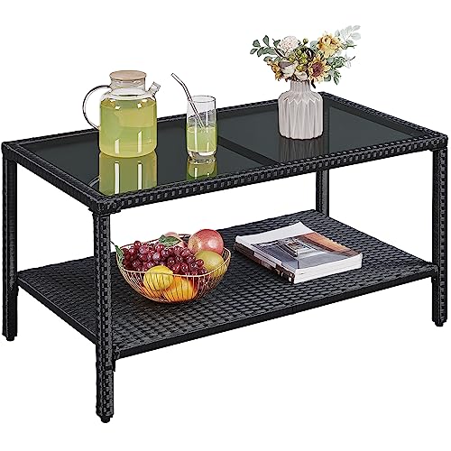 Black Wicker Storage Coffee Table with Tempered Glass Top B9855