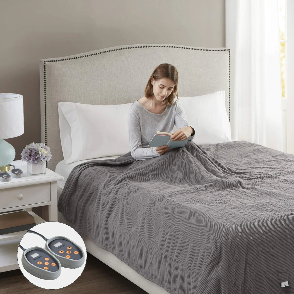 Queen Grey Microfleece Electric Heated Blanket W52789