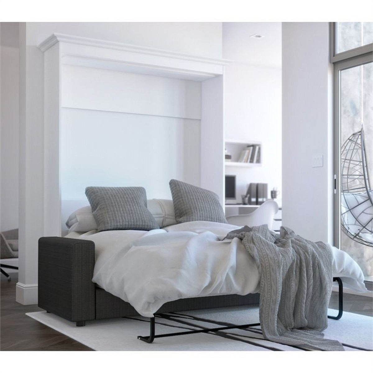 73"W White Gray Wood Full Murphy Bed with Sofa G380207