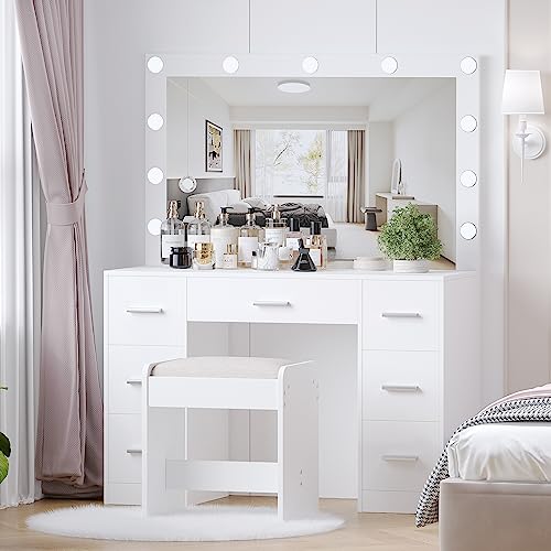 White Vanity Desk with Lighted Mirror and Drawers U287856