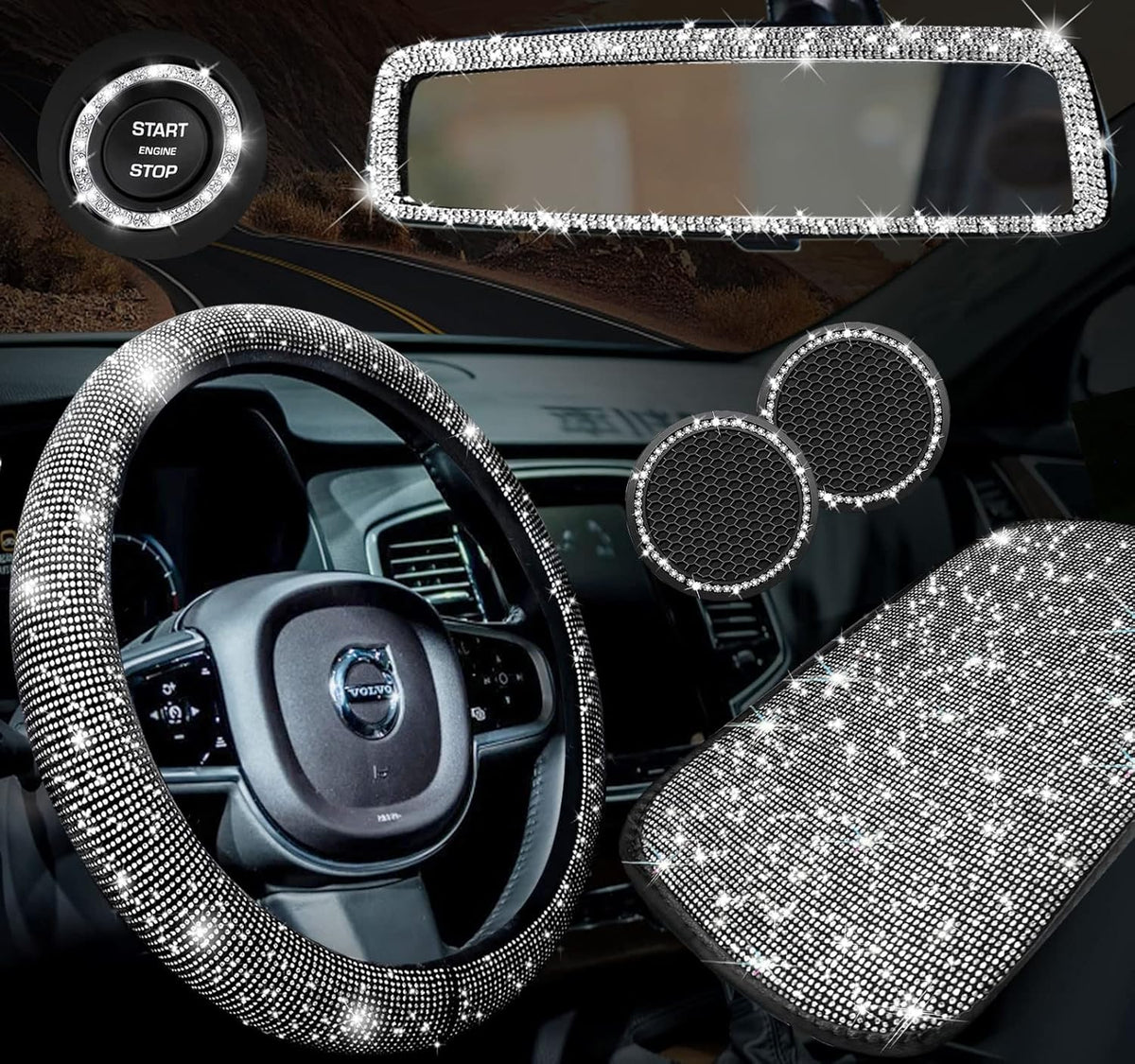 6 PACK Rhinestone Car Decor Crystal Rear View Mirror Center Console Protective Cover Diamond Leather Steering Wheel 2 Coasters Push Start Button Cover Multicolor C168