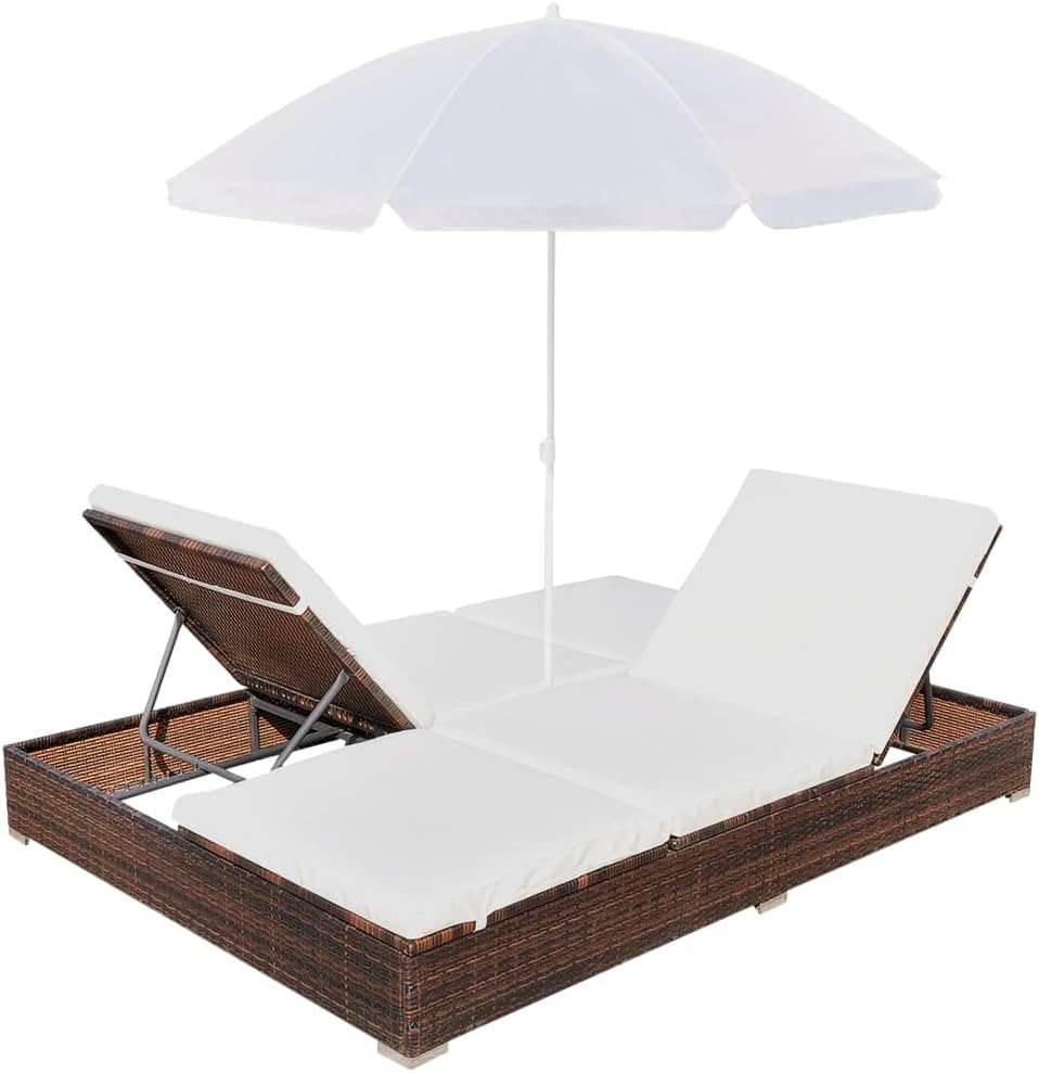 Brown Poly Rattan 2-Person Sun Lounger with Cushion and Umbrella N4031