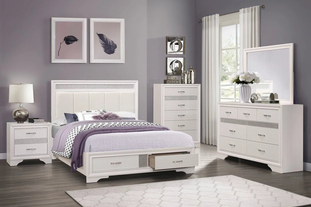 White Glitter 4pc Queen Bedroom Set Platform Bed Dresser Nightstand Mirror U9549