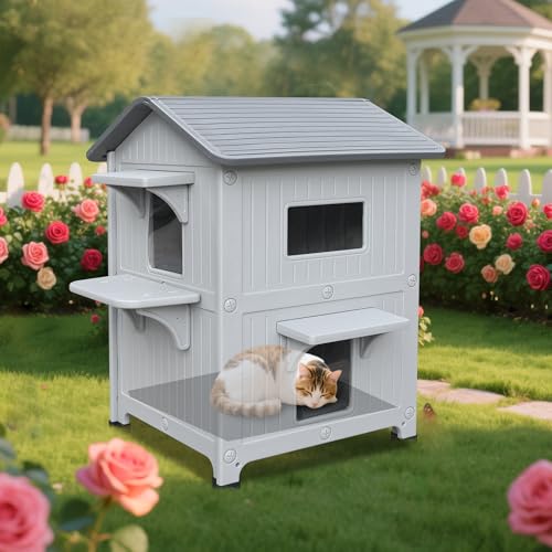 Grey Plastic 2 Story Elevated Cat Shelter with Escape Door M754