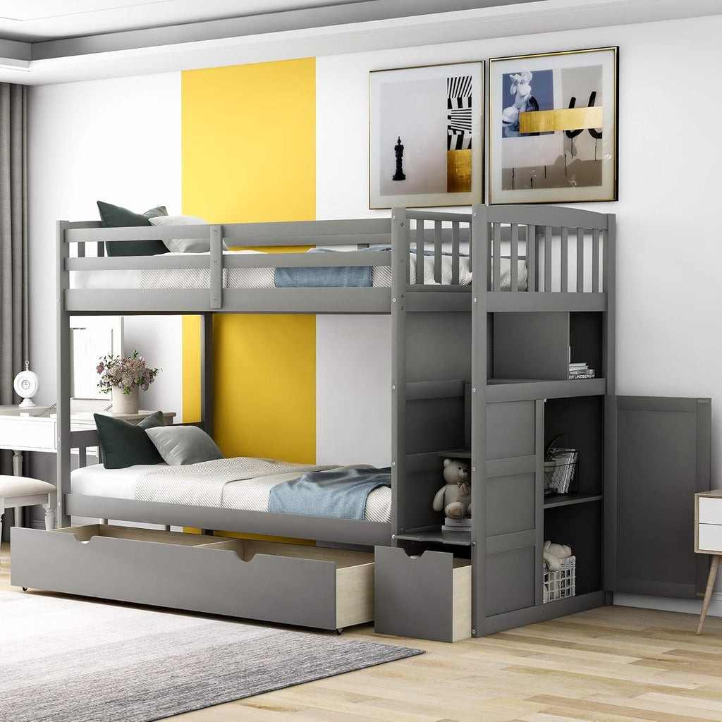 White Twin Over Twin Wood Bunk Bed with Slide and Storage Staircase O739965