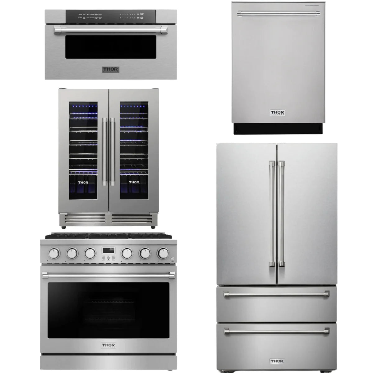 36 Gas Range, Refrigerator, Dishwasher, Microwave and Wine Cooler O1146
