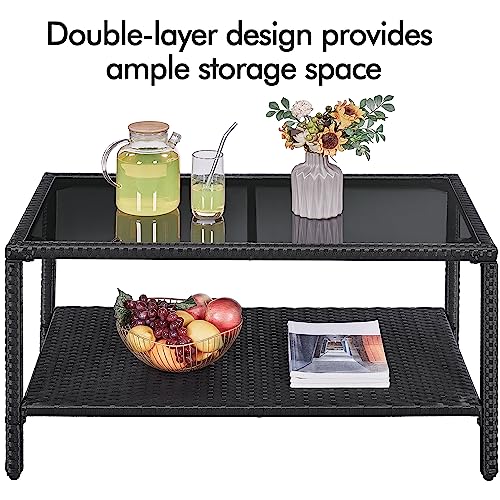 Black Wicker Storage Coffee Table with Tempered Glass Top B9855