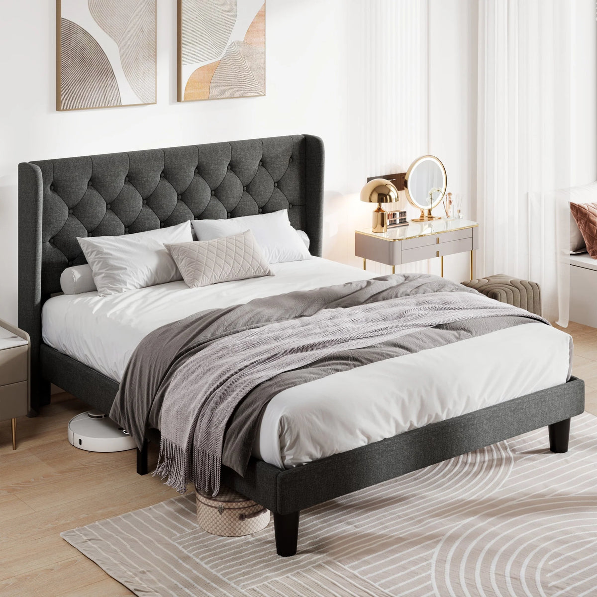 Queen Size Upholstered Platform Bed Frame with Wingback A199