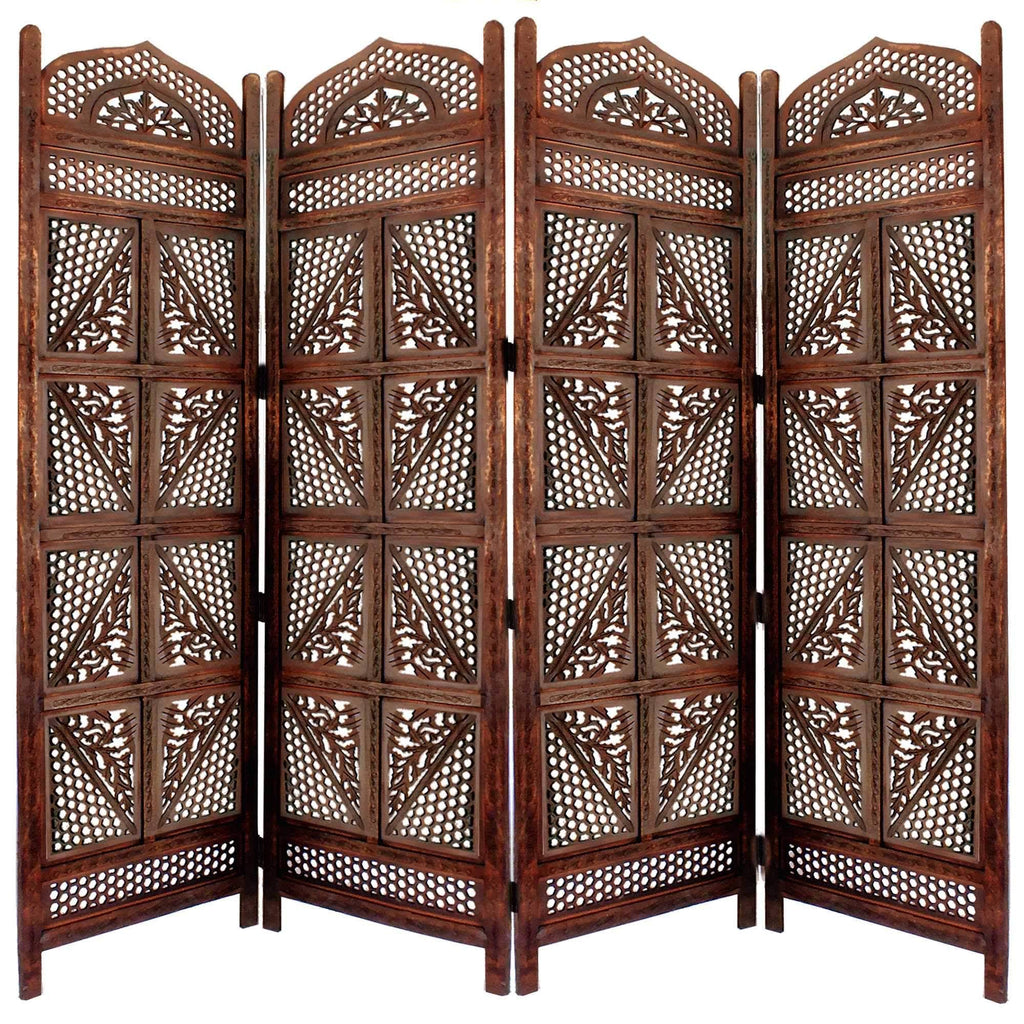 Antique Brown Four Panel Wooden Room Divider X816