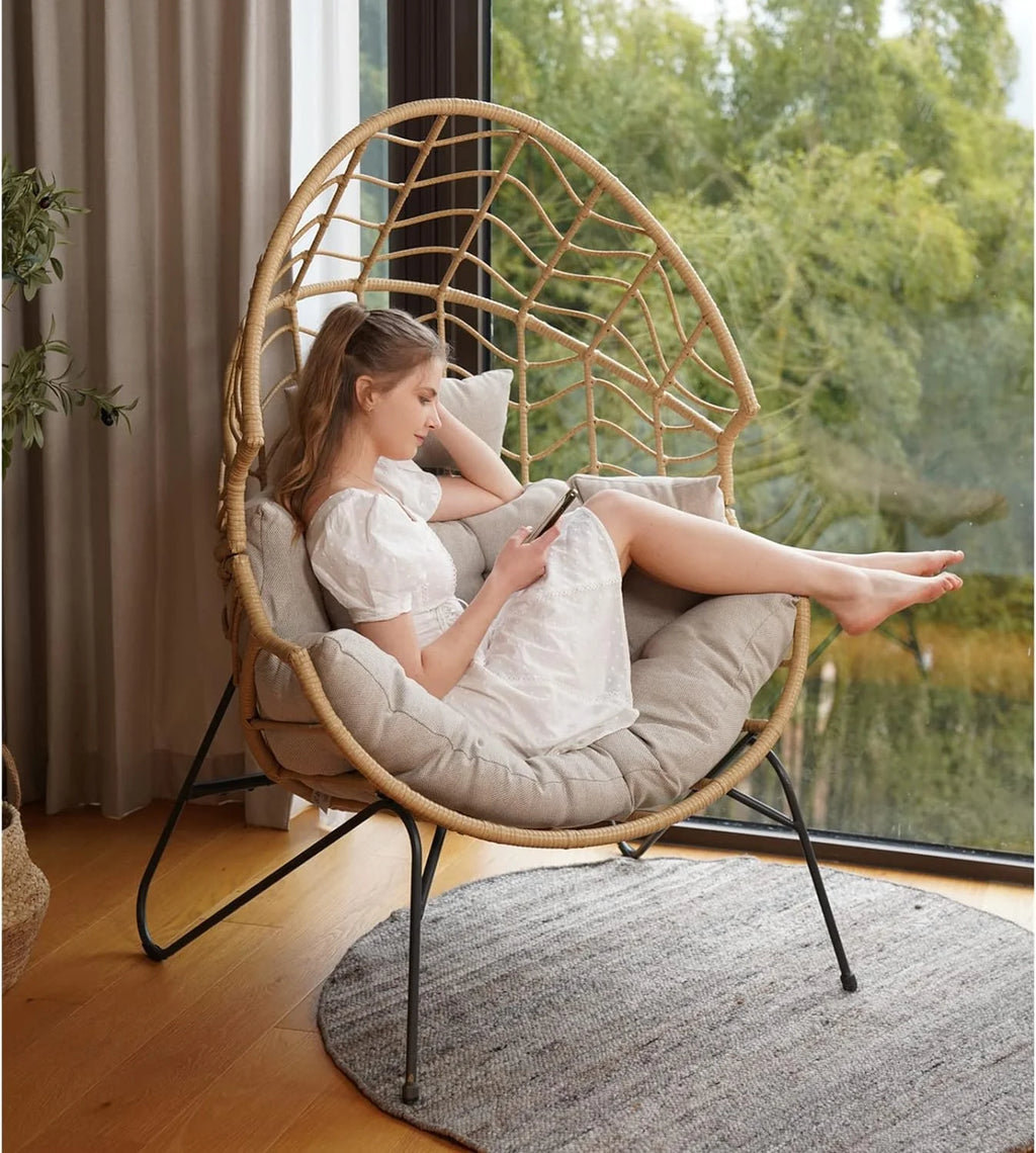 Oversized Wicker Egg Chair with Stand and Cushion T658
