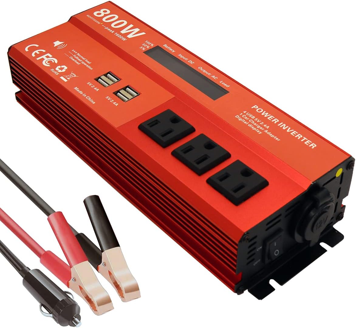800W Modified Sine Wave Power Inverter, 12V DC to 110V AC, 4 USB Ports C176