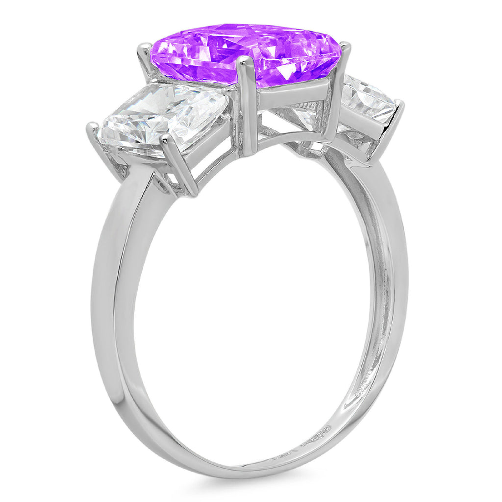Emerald Cut Purple Amethyst 18k White Gold Three-Stone Ring Y430790