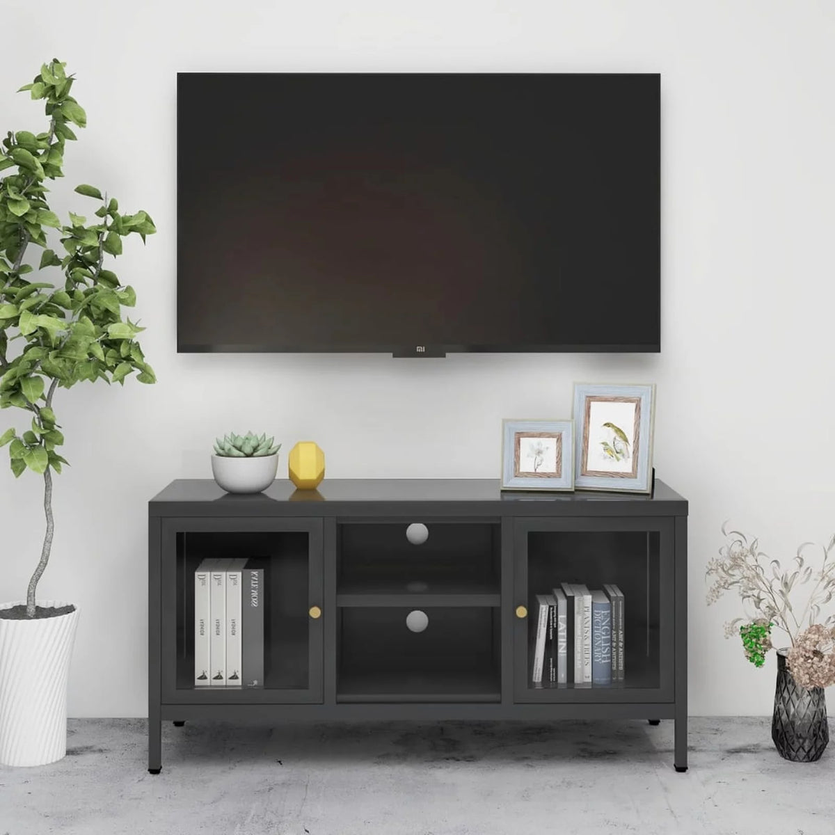 TV Stand with 2 Glass Doors and Open Shelves Steel Cabinet X963913