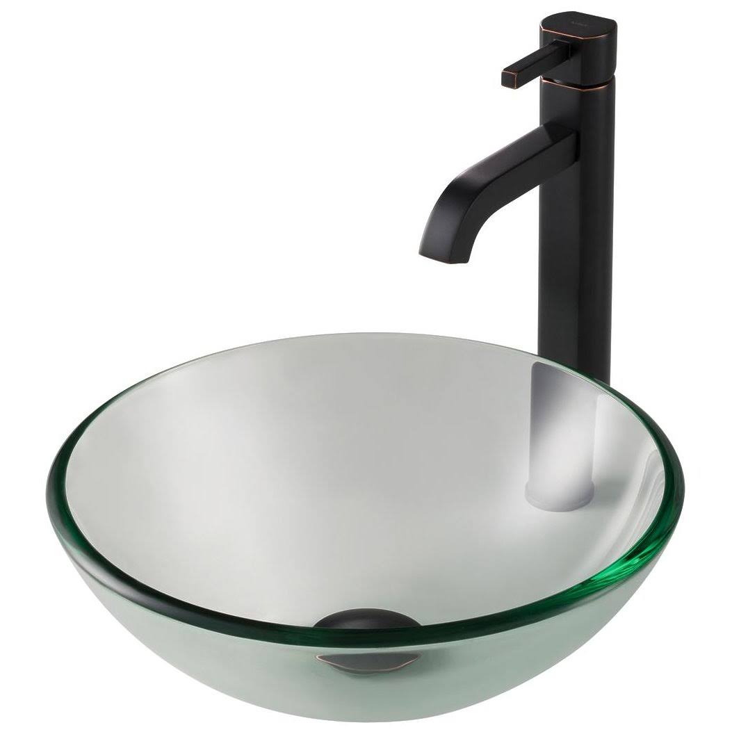 14 in. Clear Glass Bathroom Vessel Sink with Pop-Up Drain Oil Rubbed O955252