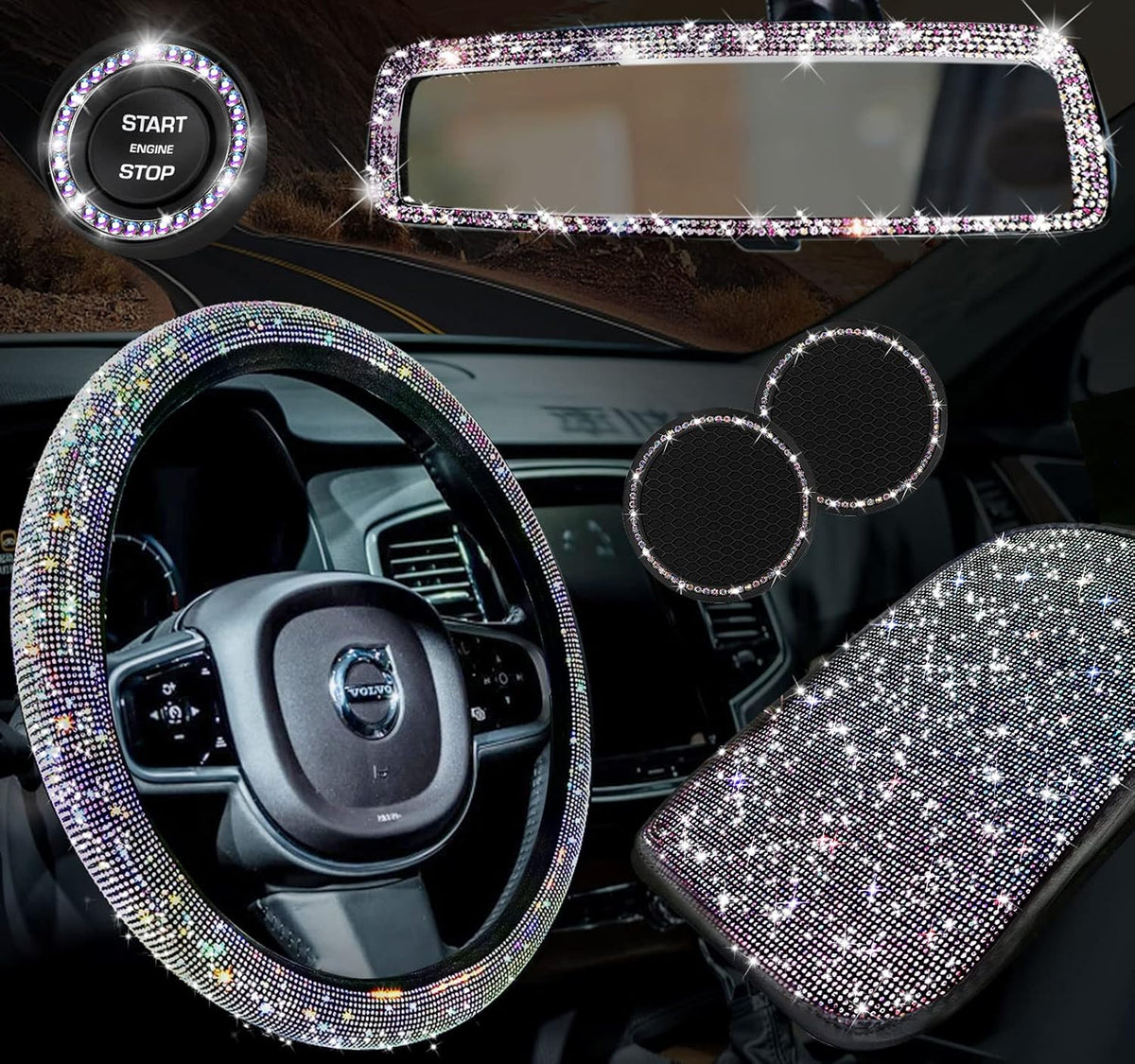 6 PACK Rhinestone Car Decor Crystal Rear View Mirror Center Console Protective Cover Diamond Leather Steering Wheel 2 Coasters Push Start Button Cover Multicolor C168