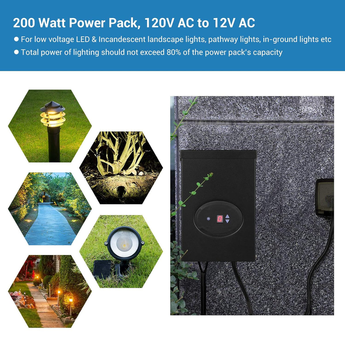 200W Outdoor Low Voltage Transformer with Timer and Photocell Sensor E819