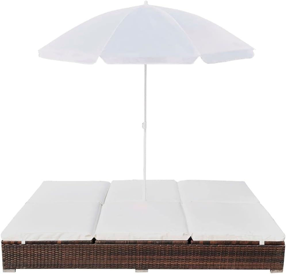 Brown Poly Rattan 2-Person Sun Lounger with Cushion and Umbrella N4031