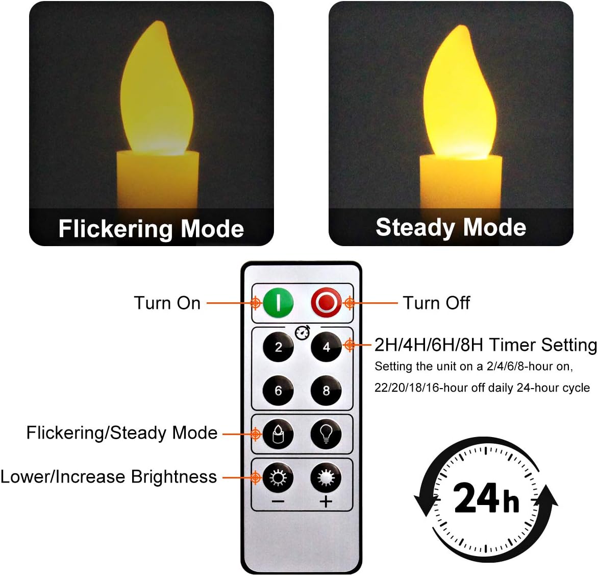6 Set Gold LED Flameless Taper Candles with Timer F8484
