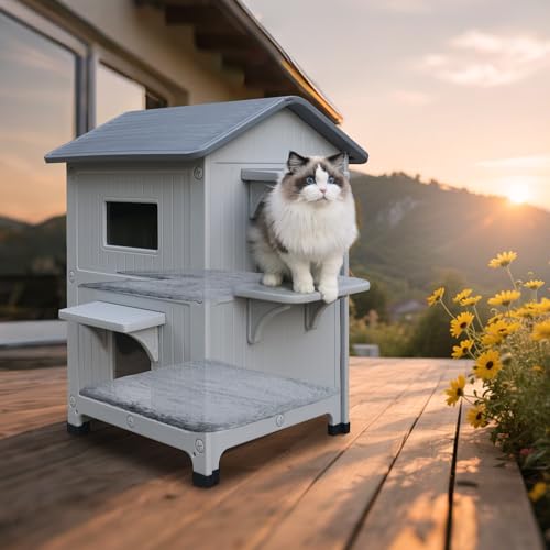 Grey Plastic 2 Story Elevated Cat Shelter with Escape Door M754