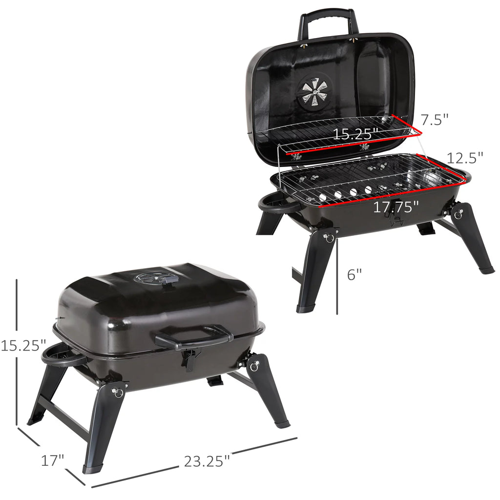Portable Charcoal Grill, Tabletop Small BBQ Grill, Enamel Coated, Folding Legs, Black R65452