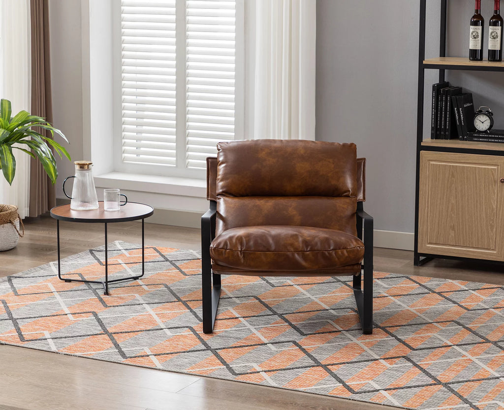 Brown Faux Leather Upholstered Accent Armchair with Metal Base U18809