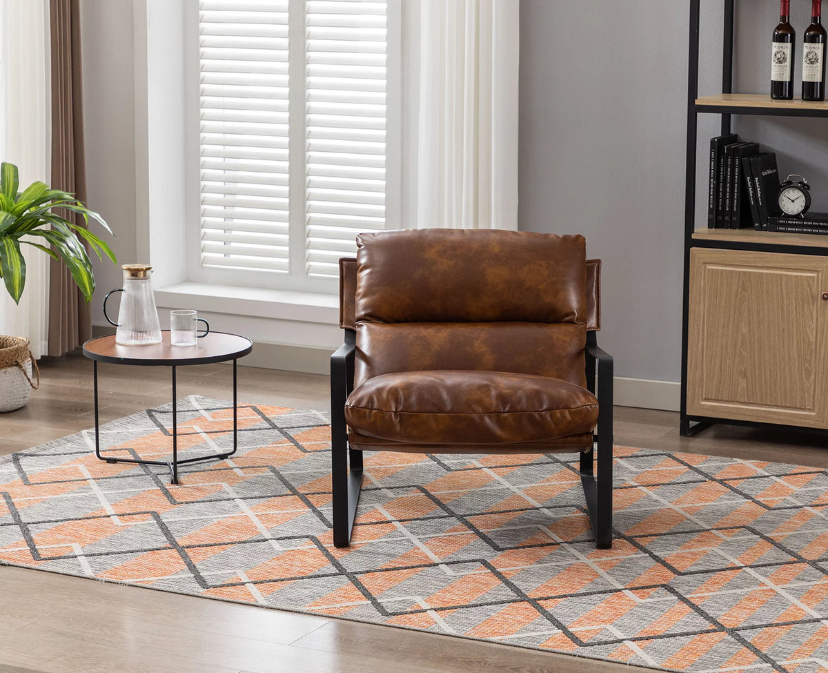 Brown Faux Leather Upholstered Accent Armchair with Metal Base U18809